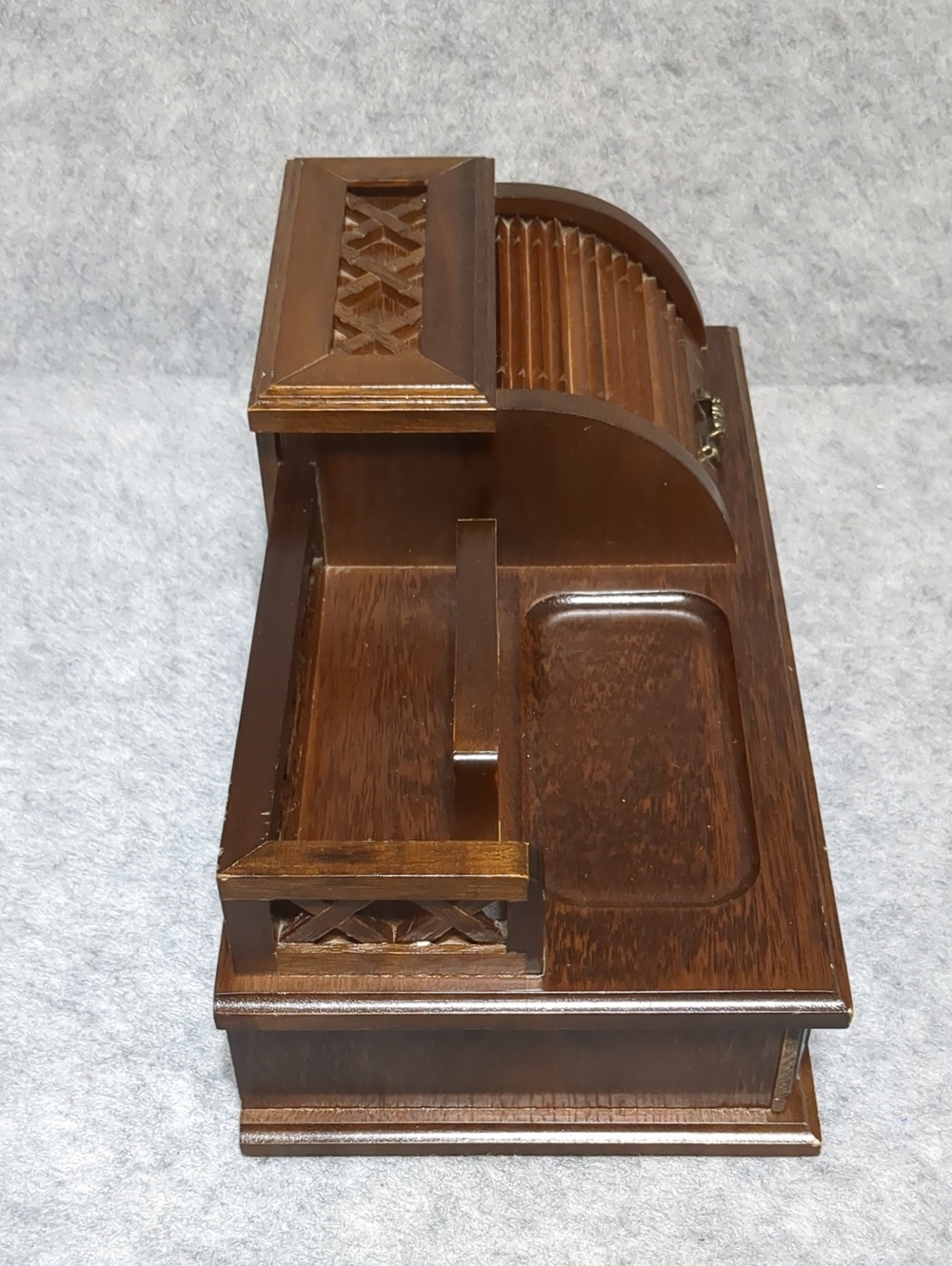 Vintage Wooden Jewelry Box Desk Organizer Roll-Top Velvet Storage Drawer - Picture 7 of 14